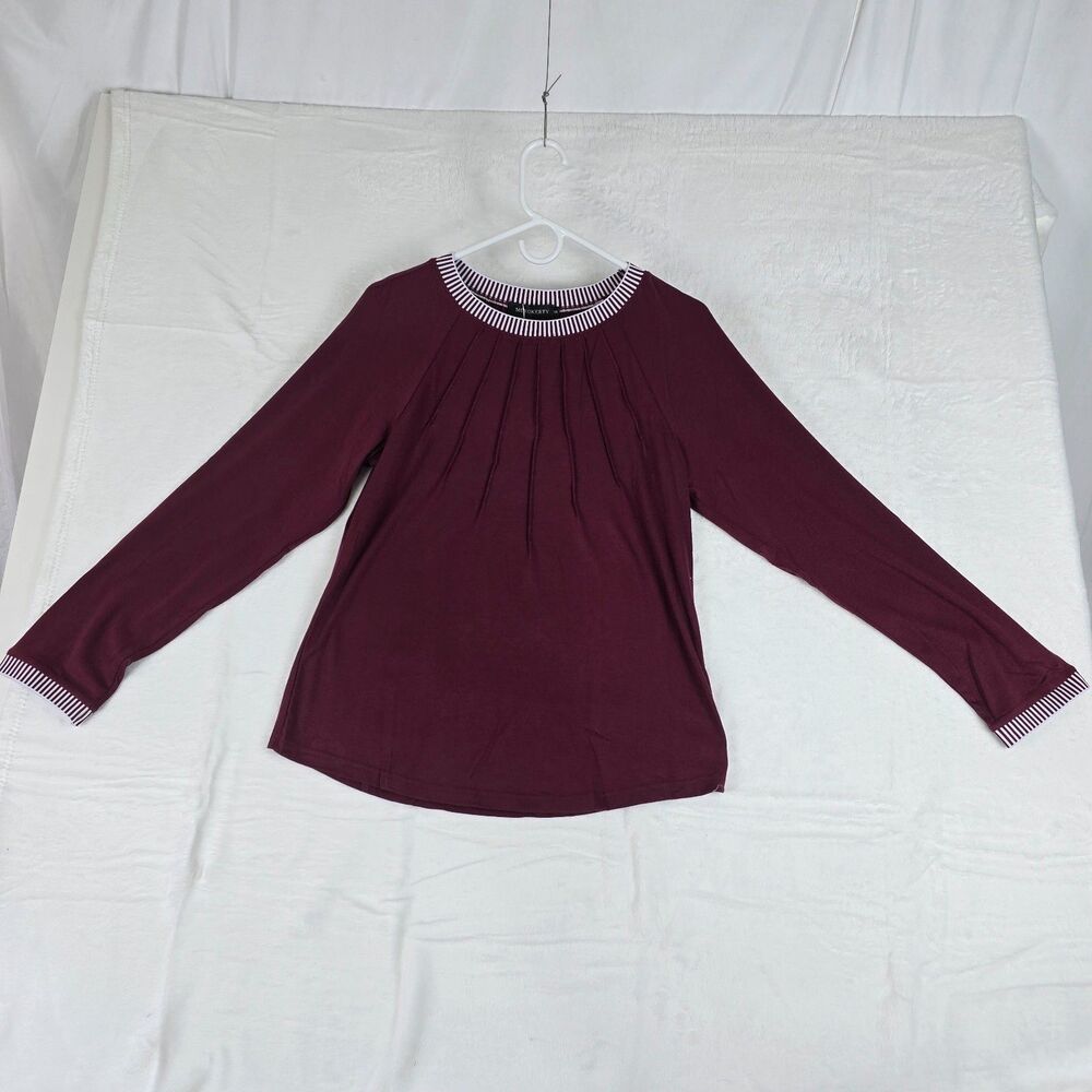 MEROKEETY Long Sleeve Shirt Women's Burgundy Small White Trim Blouse